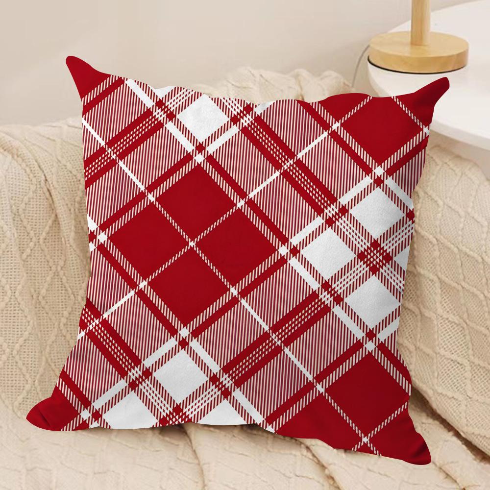 Red Plaid Cushion Cover Soft Plush Fabric Double-Sided Printed Sofa Cushion Cover for All Seasons Home Decor Gift