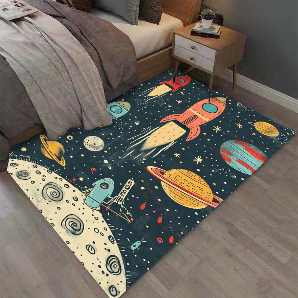 Space Rocket Planet Print Carpet Kids Bedroom Rug Exquisite Non-slip Soft Mat Galaxy Theme Home Decoration Living Room Floor Mat