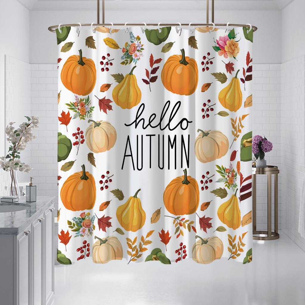 1 Piece 180x180cm Hello Autumn Pumpkin Pattern Printed Shower Curtain Partition Bathroom Waterproof and Mold Proof