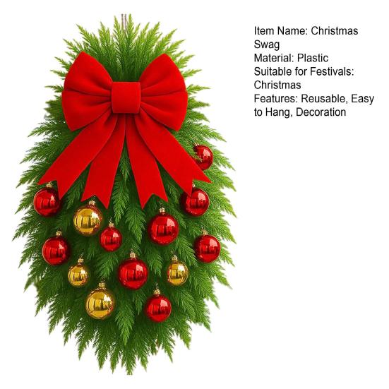 1/2Pcs Christmas Teardrop Swag Wreath with Norfolk Pine Greenery Stairway Swag Red Bow Balls Winter Xmas Hanging Garland Decoration