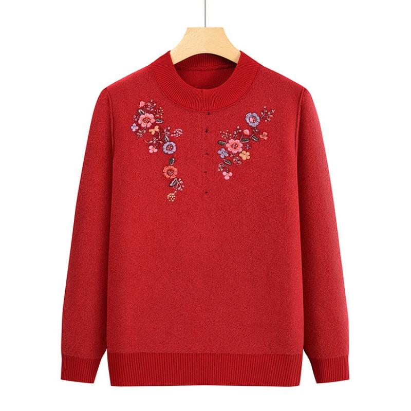 Middle-aged and old fleece mother sweater thickened women's knitted sweater integrated fleece warm backing top mother-in-law clothes