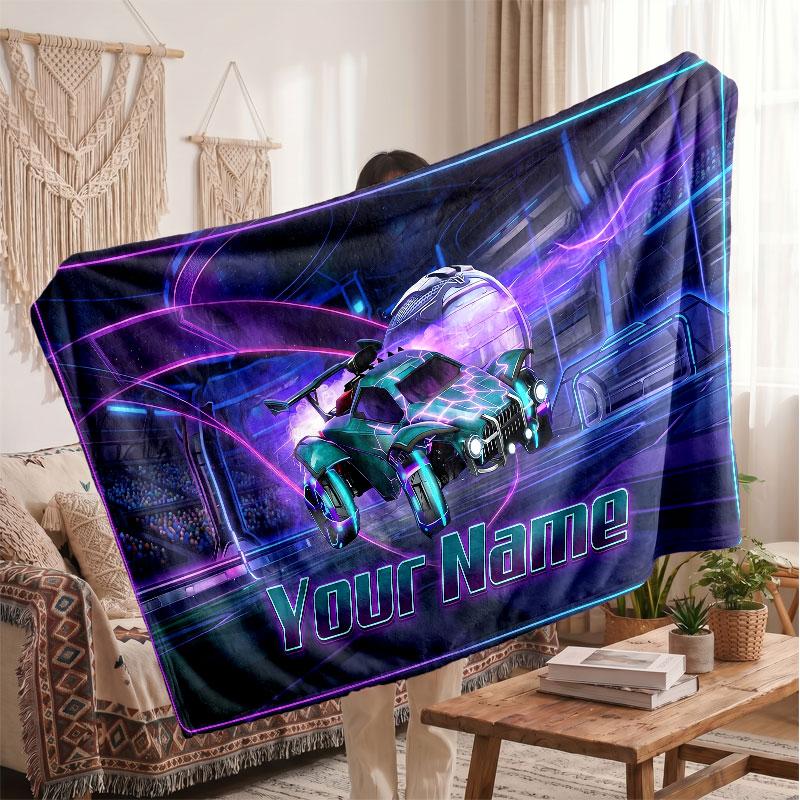 Rocket League Personalized Flannel Blanket, Custom Printed Text Name, Warm Soft Blanket For Couch Bed