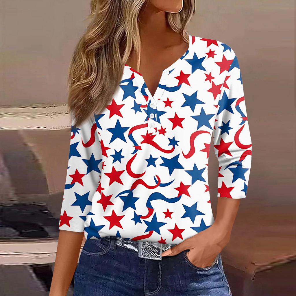 Women's T Shirt Independence Day Print Button 3/4 Sleeve Daily Weekend Fashion Basic V- Neck Regular Top
