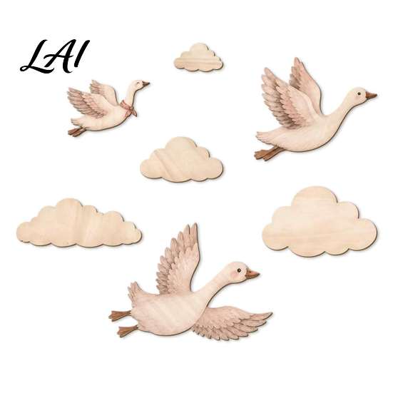 Flying Goose Wall Decals 7Pcs/Set Wooden Decor for Art and Cloud Nursery Self-Adhesive Bohemian Kids Room Background Decoration Bedroom Living Room