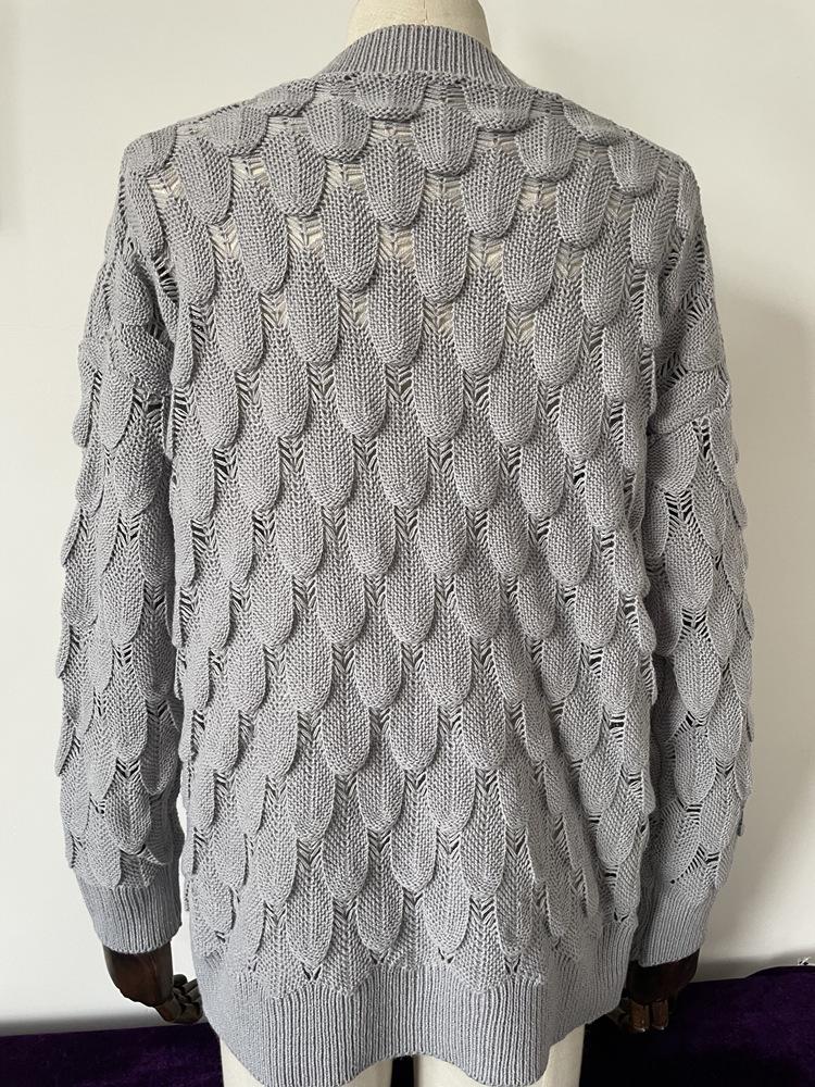 European & American Winter V-neck Hollow Feather Knit Sweater for Women