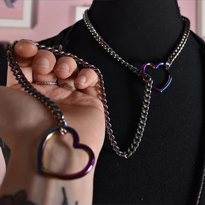 Collar de Cadena Deslizante con Argolla en Forma de Corazón para Mujer Punk Rock Acero Inoxidable Cubano Collar Largo Moderno Simple Ajustable Collar en Y