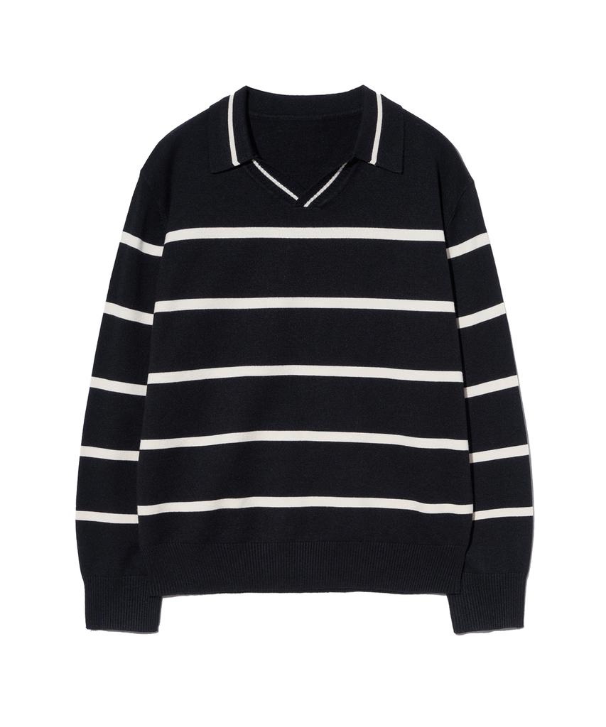 IRONYPORNO WHITELINE 86-Iroj365 Open-Neck Striped Long-Sleeve Knit Black