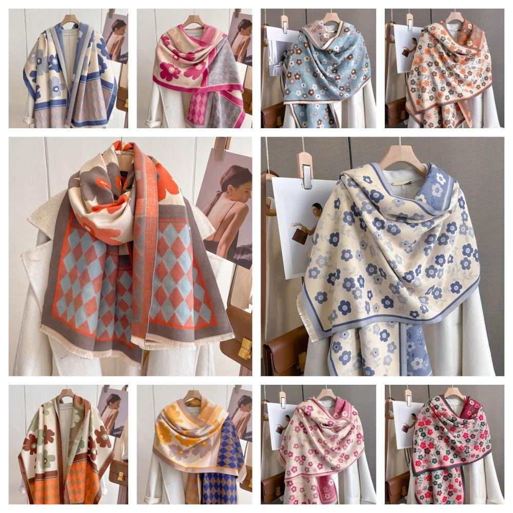 Flower Winter Cashmere Shawl Lightweight Floral Print Scarf Fashion Plaid Knitted Scarf  Unisex