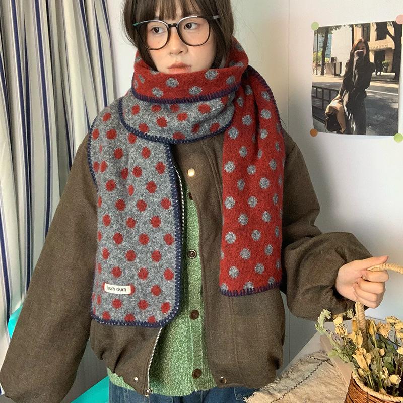 Korean Style Color-Block Polka Dot Double-Sided Scarf For Women Fashion Warm Thickened Furry Knitted Scarfves