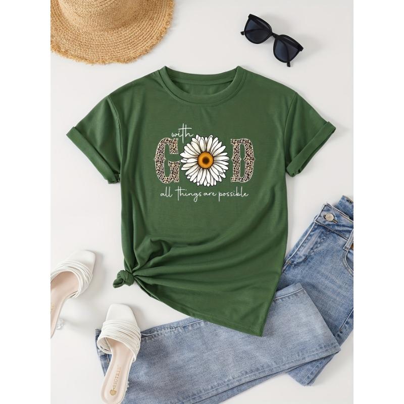 Round Neck Short-sleeved T-shirt with Lettering and Floral Patterns, Suitable for Casual Women's Wear in Spring and Summer