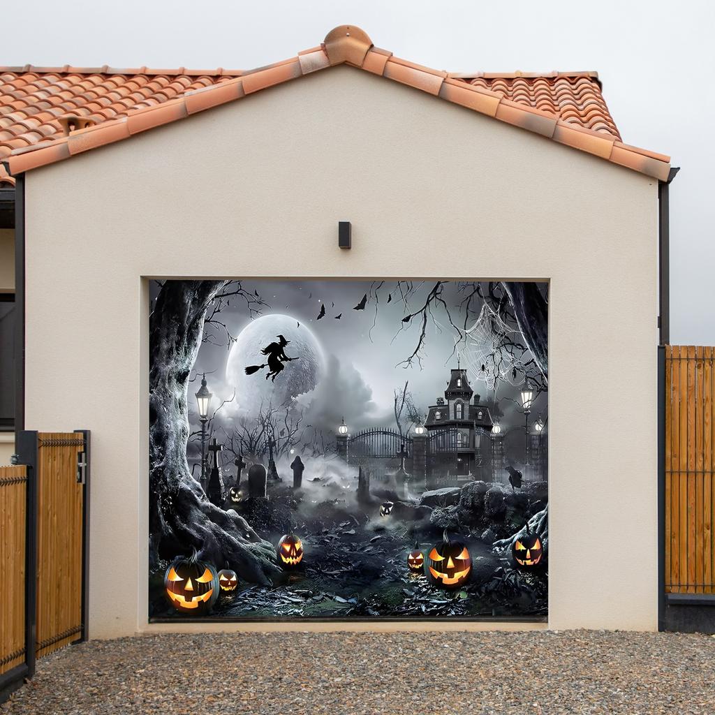 Large Halloween pumpkin outdoor garage door tapestry - Polyester fabric for horror parties and home decorationDJH