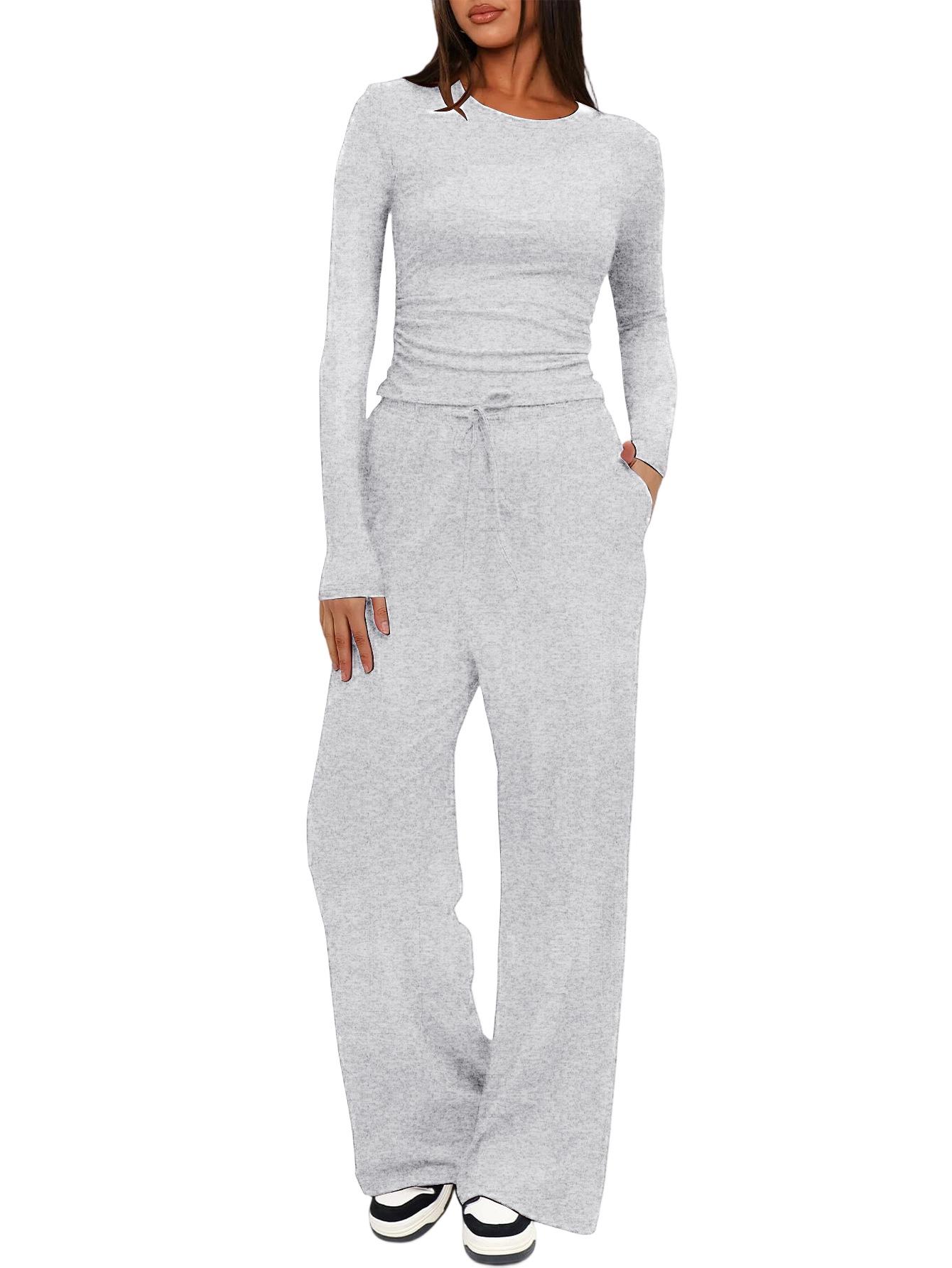 

Европейский повседневный комплект из однотонного топа с длинным рукавом и широких брюк с высокой талией, спортивная одежда (2026 Горячие продажи) XXL
