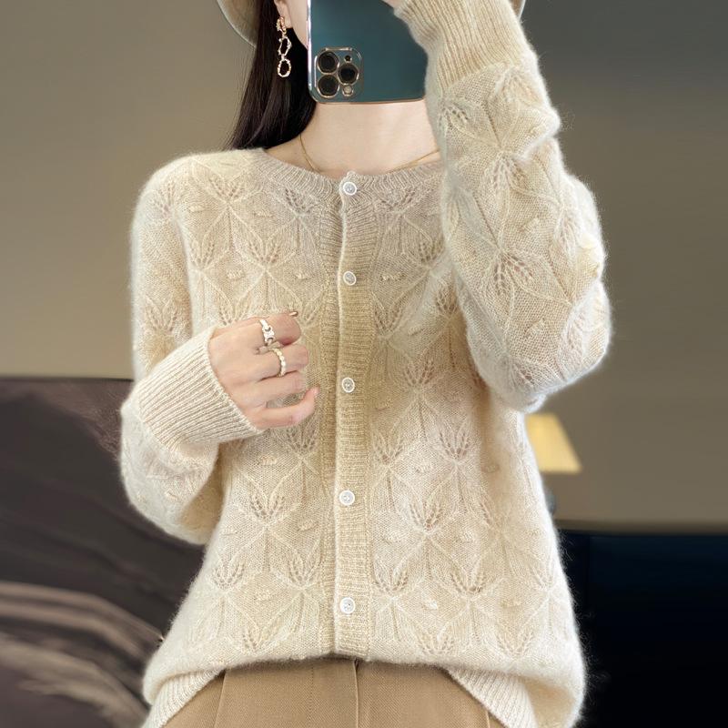 

Winter Pure Cardigan for Women Hollow Round Neck Versatile Cardigan Skin-friendly and Comfortable Cashmere Knitted Top Soft and Glutinous Jacket S