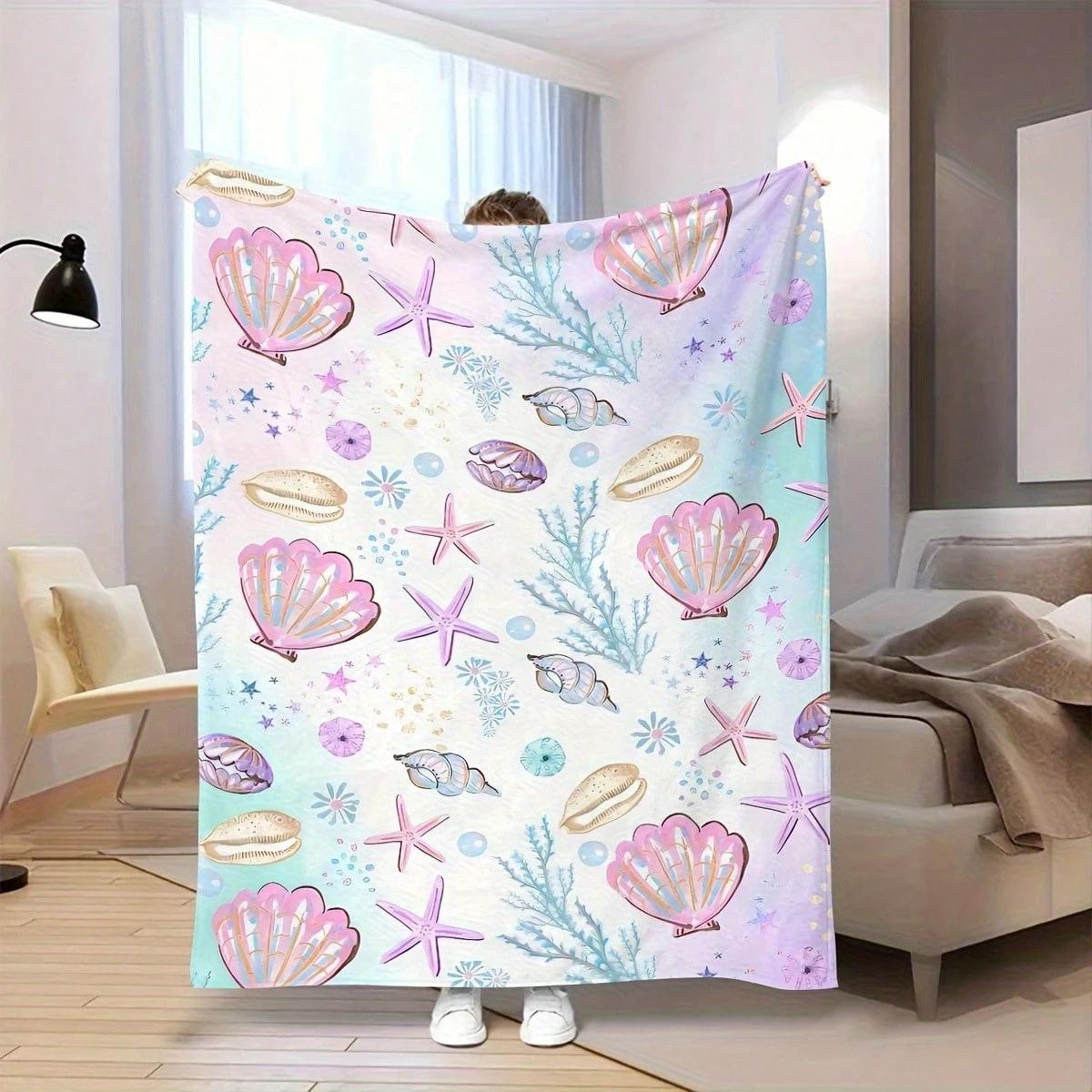 1pc Pastel Seashell Starfish Flannel Blanket, 2D Ocean Print Throw, All Season Soft Fleece Blanket for Bedroom, Living Room, Cam 75X95CM