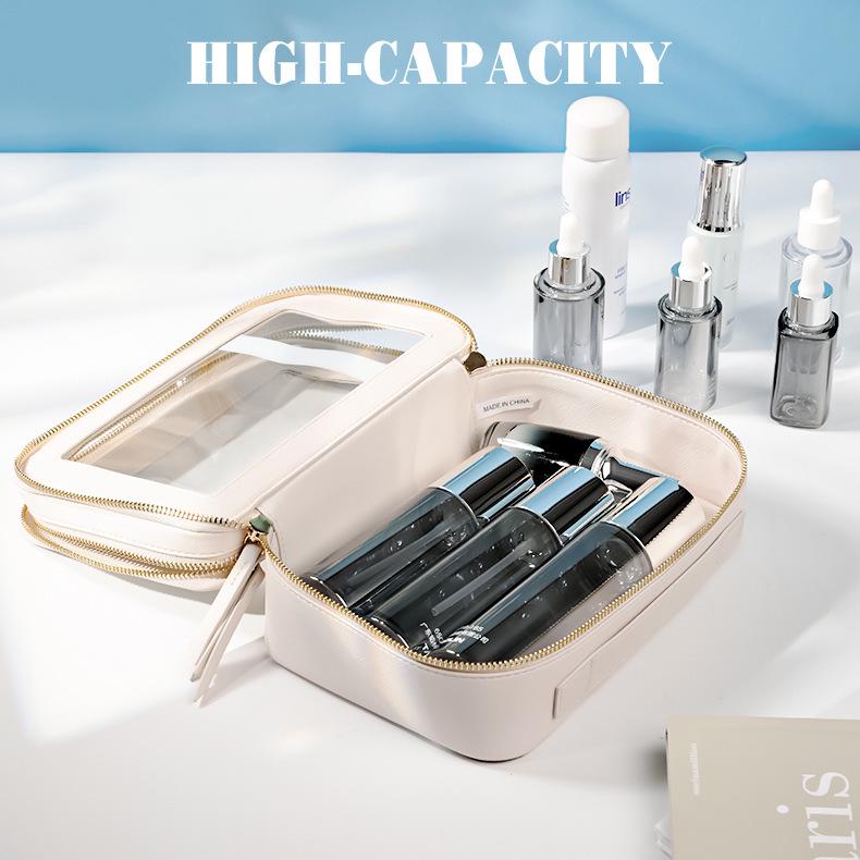 Waterproof Large-Capacity PU Makeup Bag - Portable Double-Layer Transparent Design
