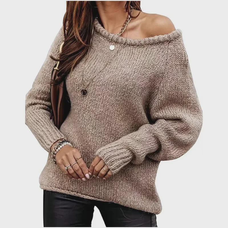 Off-Shoulder Sexy Round Neck Knit Pullover: Solid Color Casual Loose Plus Size Women's Sweater - Autumn/Winter Collection