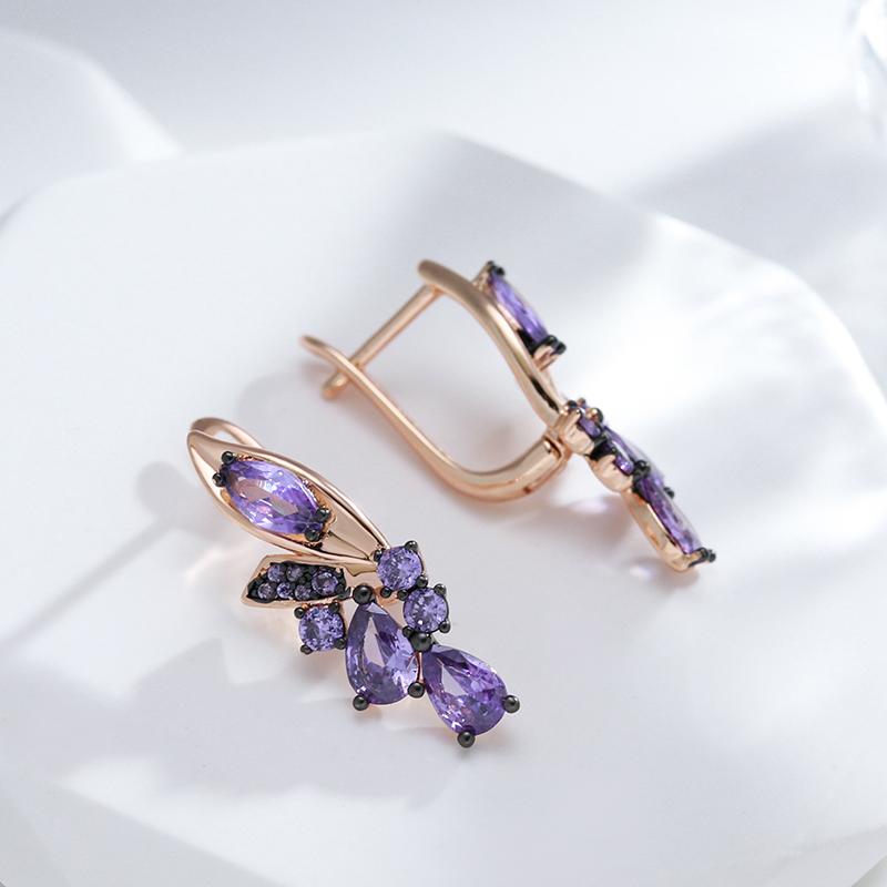 Purple Natural Zircon English Earrings Women  Rose Gold And Black Plating Wedding Jewelry Vintage Flower Earrings