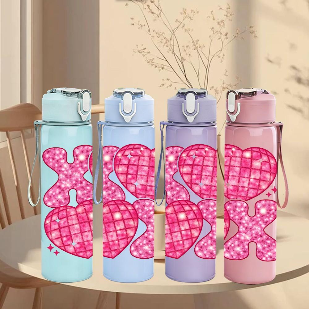 1PC Pink Leopard Glitter Texture Print 750ml Color Plastic Sports Water Bottle Leakproof Flip Straw Lid Suitable for Sports Office Home Use