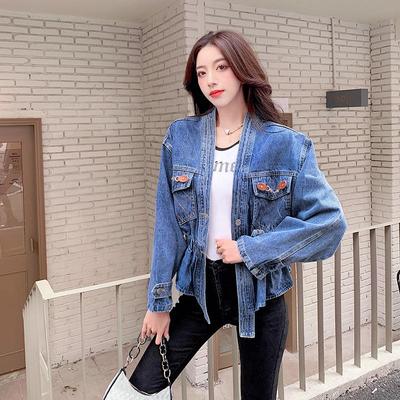 2026 Spring Women's Embroidered Denim Jacket - Korean Style, Loose V-neck, Short Waist-Cinching Fashion.