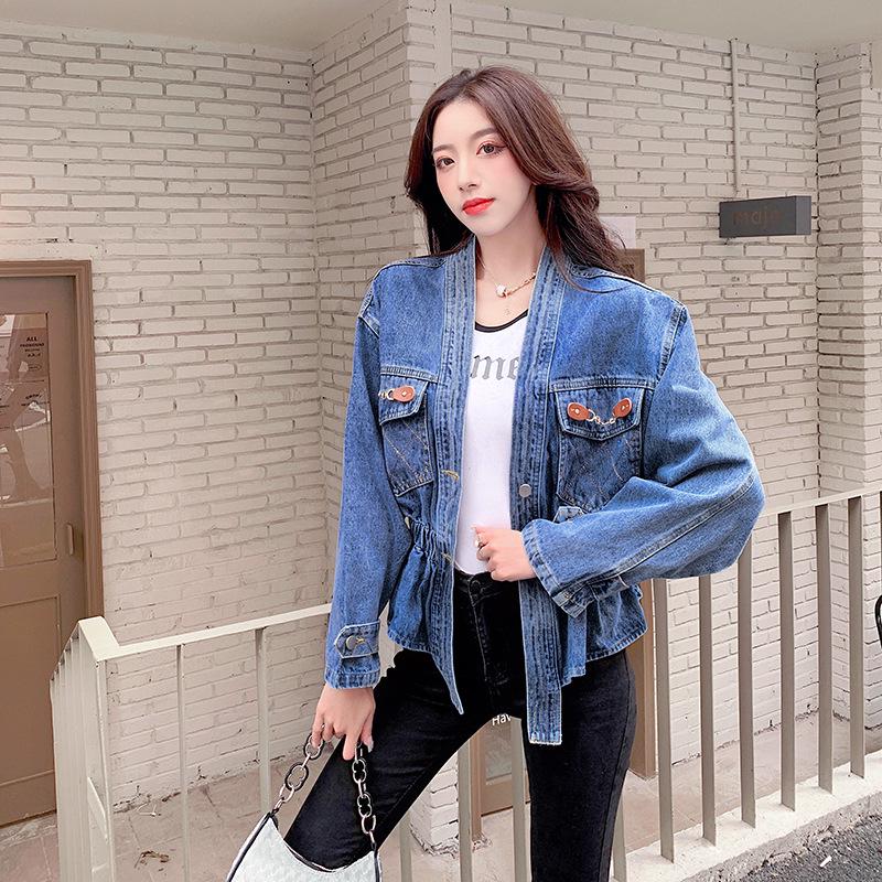 2026 Spring Women's Embroidered Denim Jacket - Korean Style, Loose V-neck, Short Waist-Cinching Fashion.