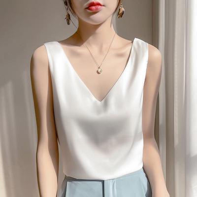Women's Satin V-Neck Double Strap Vest - Fashionable, Cool, and Versatile with Imitation Silk Inner Lining for Summer