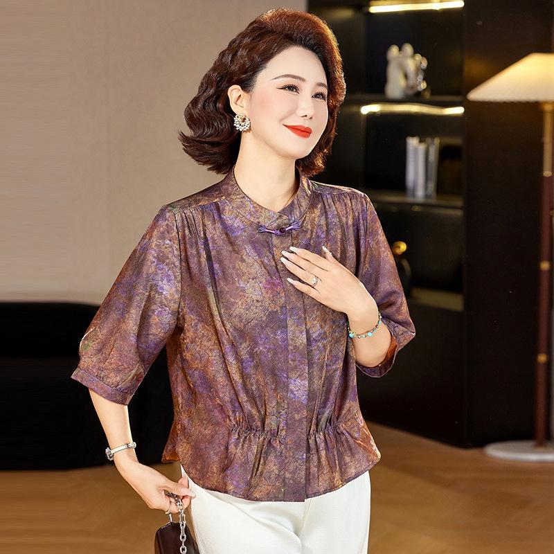 

2026 Summer Arrivals: Retro Lapel Blouse, Three-Quarter Sleeves for Middle-Aged and Elderly Women, Loose Fit Top 5XL (140-150 jin) красный