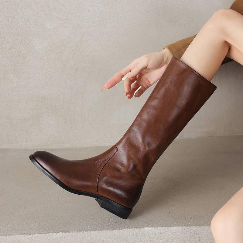 Autumn and winter women's leather knight boots middle heel square heel large size cowhide women's boots sleeve new versatile high boots women