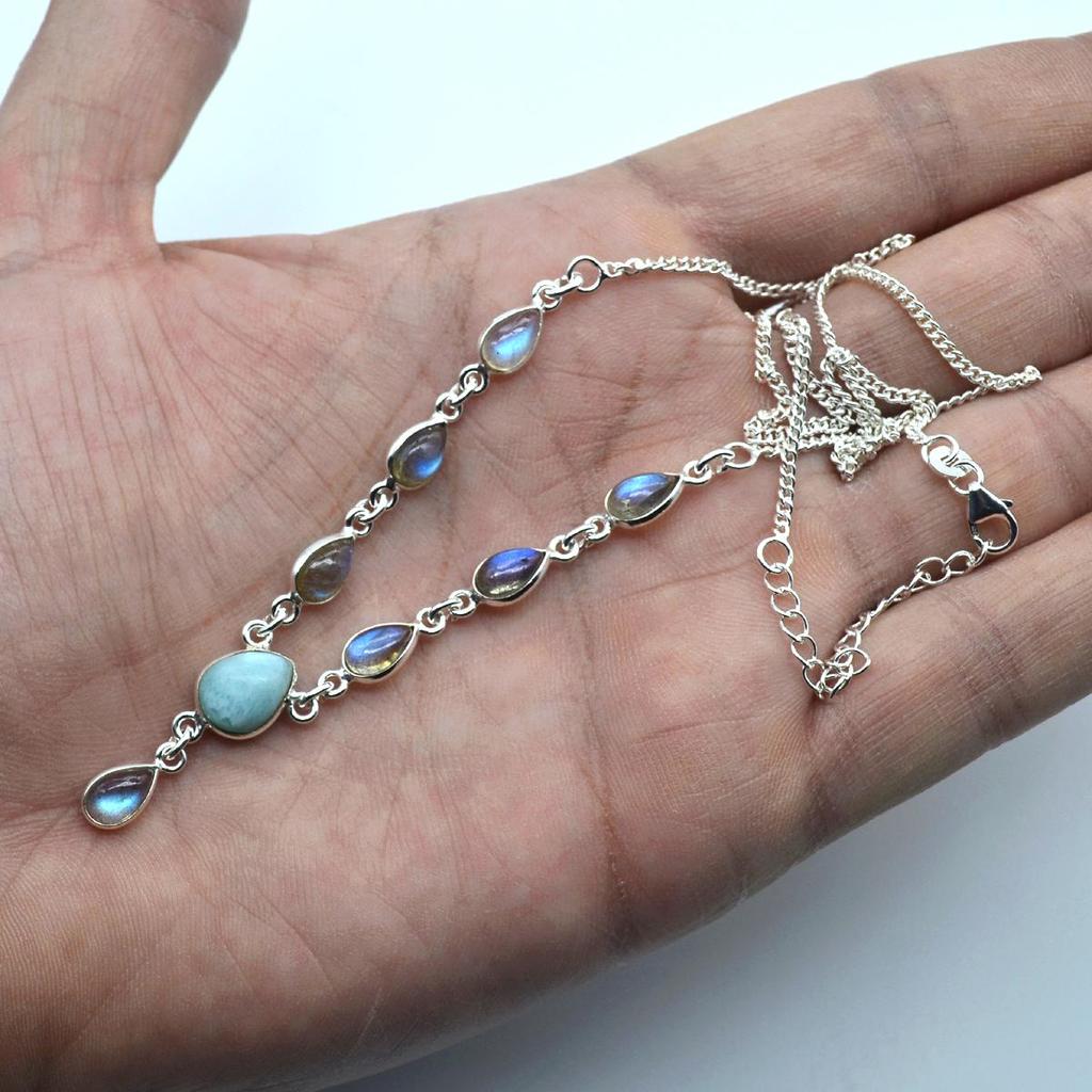 Larimar Labradorite Gemstone Women Necklace 925 Sterling Silver Handmade Jewelry