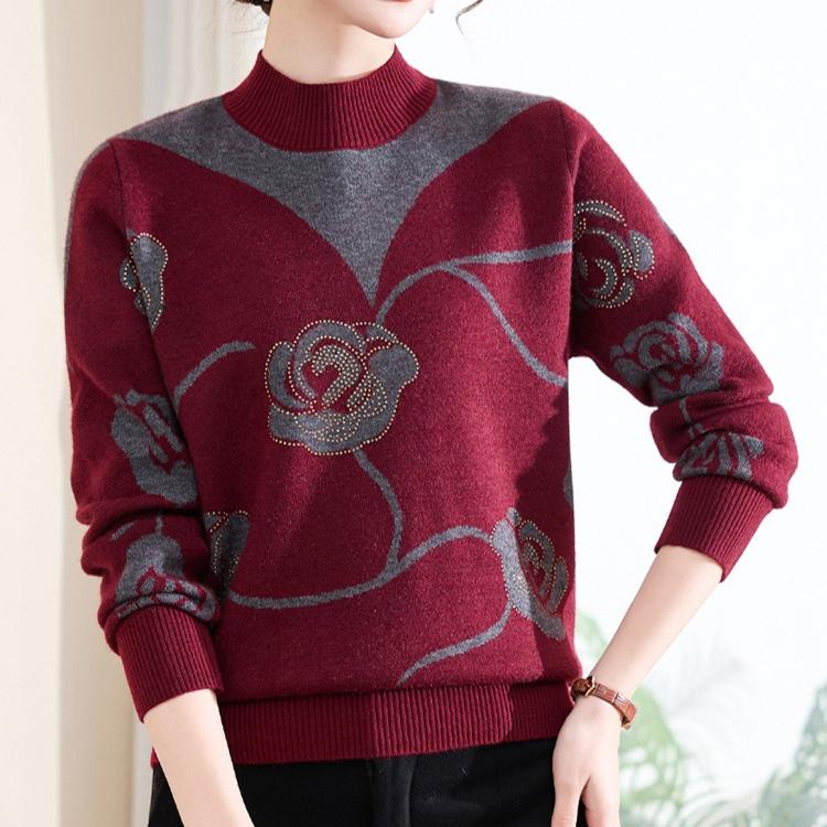 Women's Colorblock Stand Collar Sweater Long Sleeve Rhinestone Print Sweater Autumn/Winter