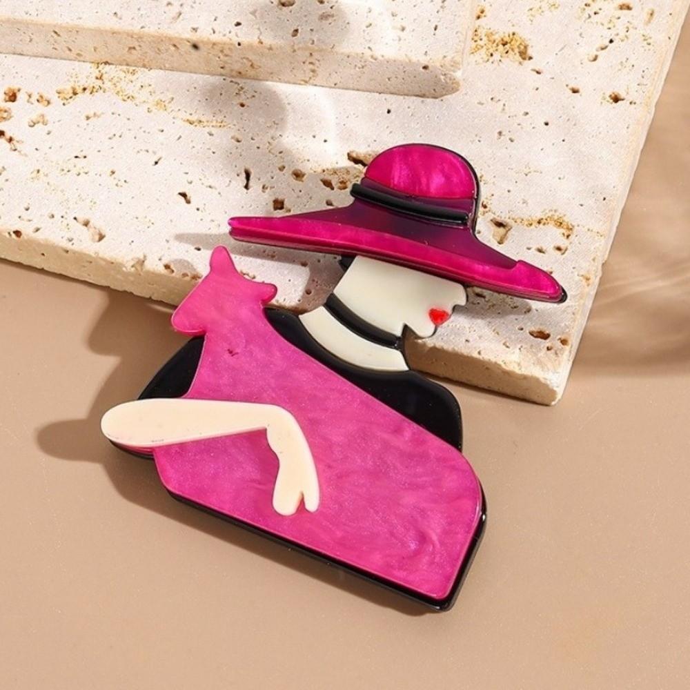 Acrylic Lady with Hat Brooch Cartoon Coat Badge Cute Women Portrait Pin  Clothing Accessories