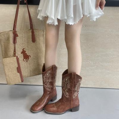 Maillard He Sui gleiche Retro-Cowboystiefel Martin-Stiefel bestickte Ritterstiefel V-Ausschnitt mittelhohe Westernstiefel Damen Erwachsene