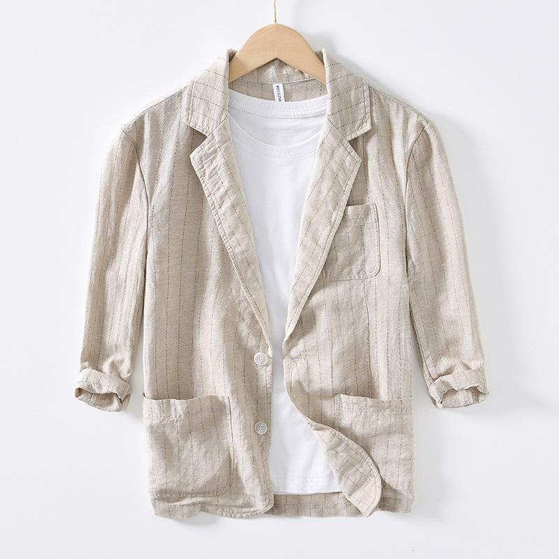 Summer Men's Suits&blazers Japanese Retro Style Stripes Cotton Linen Three Quarter Sleeve Blazer Jacket Slim Fit Casual Jacket