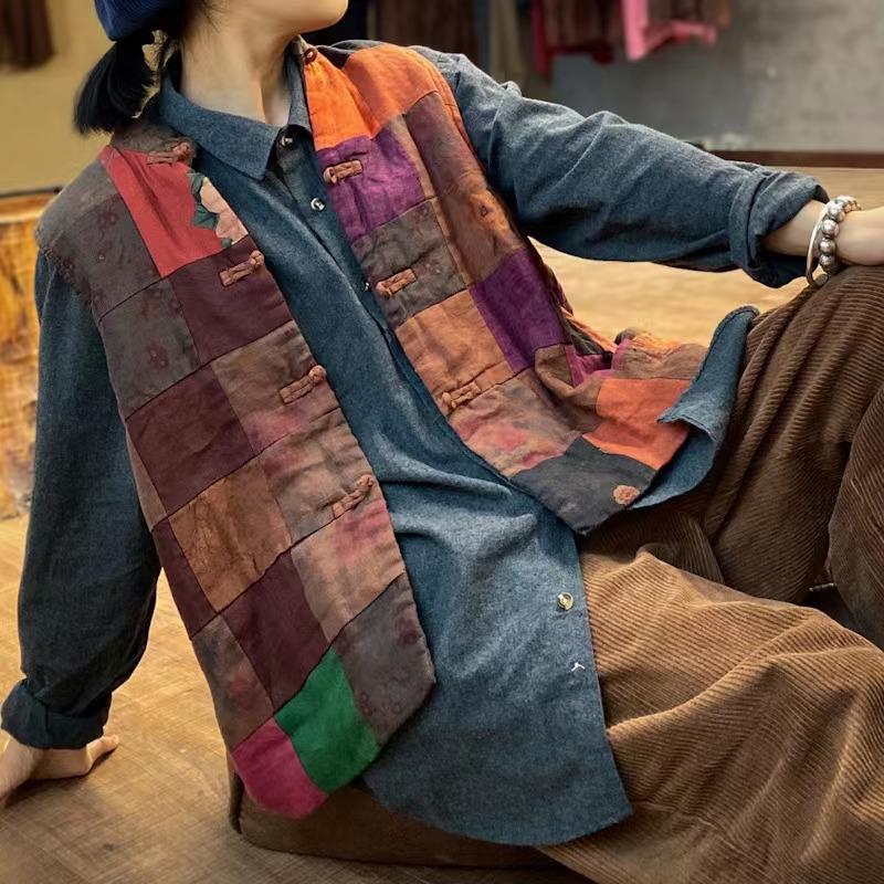 Women's Original Beggar Style Washed Cotton Vest with Flower Patchwork - New Chinese Niche Design