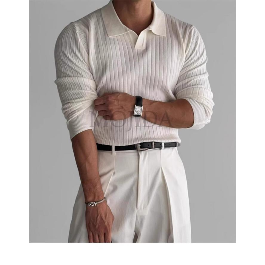 Чоловічий весняно-осінній трикотаж: Однотонна сорочка-поло в смужку з еластичним лацканом, футболка з довгим рукавом