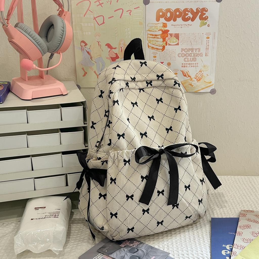 Schoolbag1011 New Casual Cute Fashion Versatile Bow Striped Backpack Korean High Value Student Schoolbag