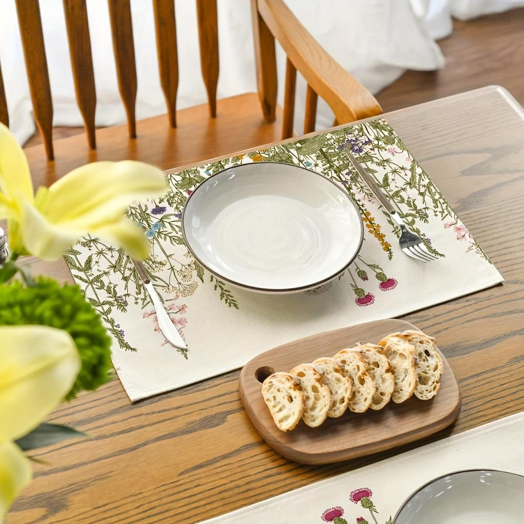 1pcs Vintage Herbs and Wildflowers Linen Placemats, Spring Summer Floral Design for Dining Room Kitchen Party Decoration