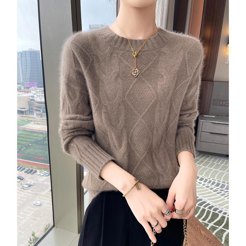 Women's Soft Cashmere Sweater, Round Neck, Diamond Jacquard, Thick Knit, Loose Fit, Base Layer