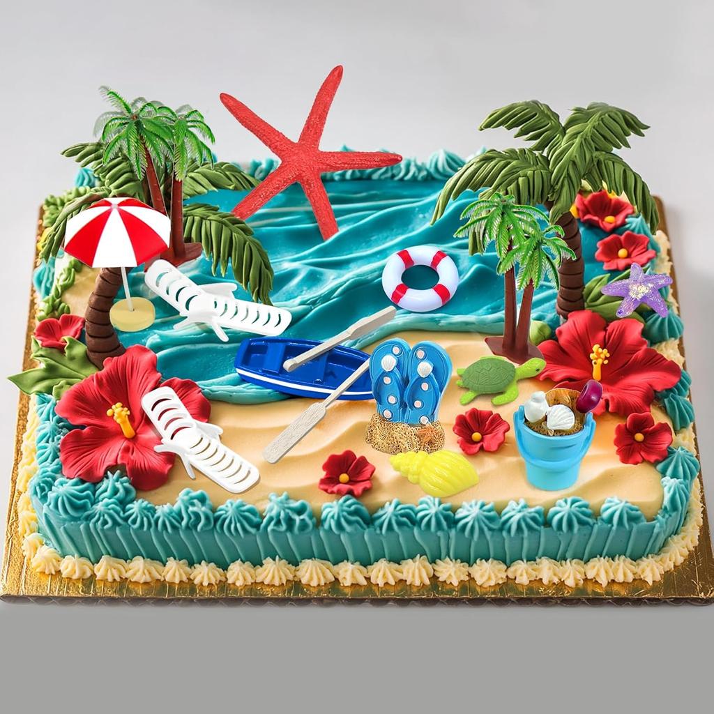15 Pcs Summer Beach Cake Decoration Chair Palm Tree Summer Ocean Cake Toppers Hawaiian Aloha Luau Theme Decorations Supplies