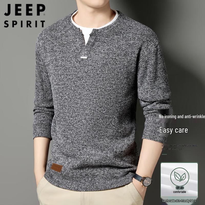 JEEP SPIRIT Men s Striped Henry Collar Faux Two-Piece Knit Sweater 170/M