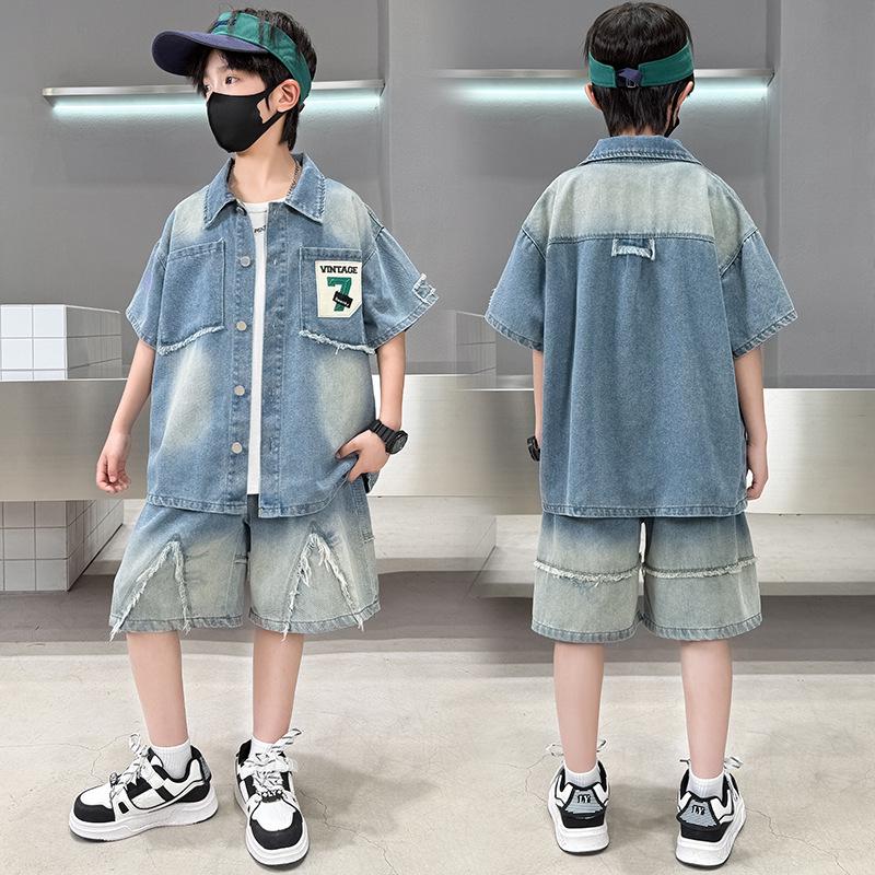 Boys Soft Denim Two-Piece Summer Set - Trendy Short-Sleeved Style 170 cm