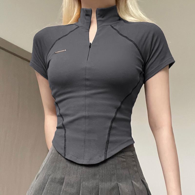 

Women Tees Short Sleeve Half Zipper Casual T-shirts For Cycliing Running Sports Tops XL