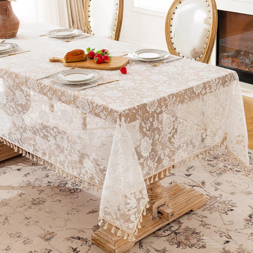 1PC Rose Flower Lace Tablecloth Retro Rectangular Dining Table Cloth Home Coffee Table Wedding Decoration Cover Cloth
