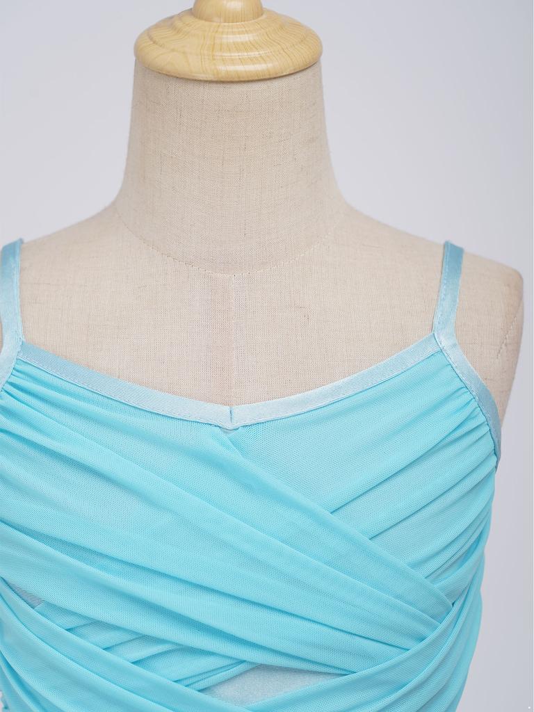 Girls Ballet Mesh Dance Dress Spaghetti Straps Cutout Back Cross Ruched Front Built In Briefs