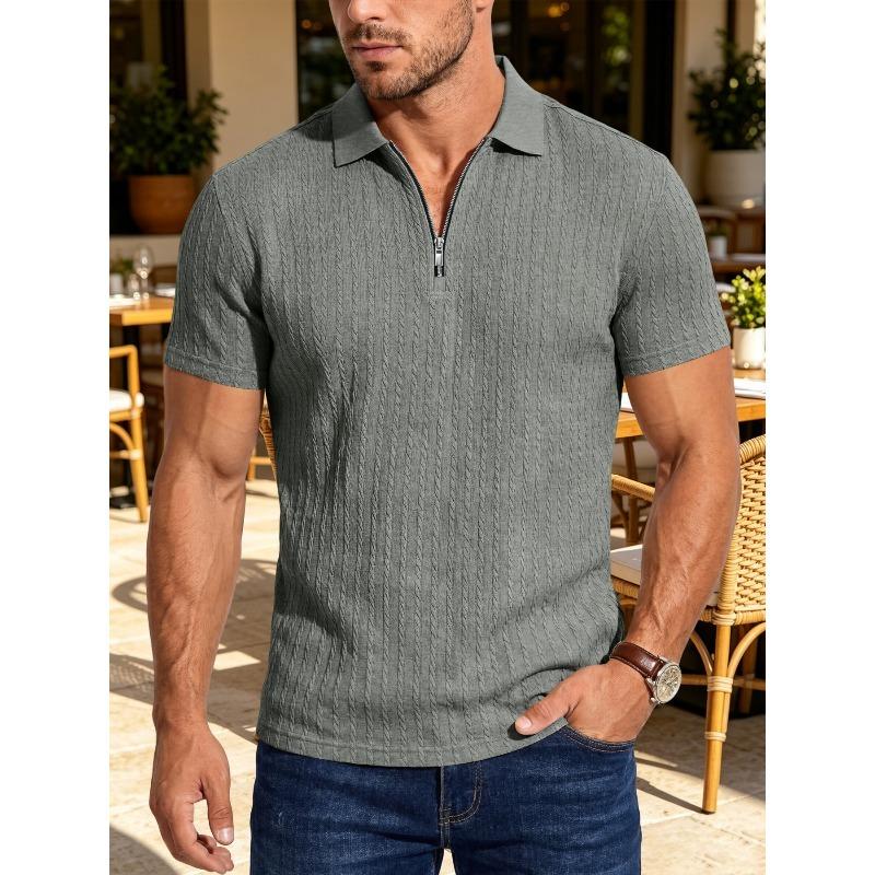 Summer Men's Textured Jacquard Half Zipper Lapel Polo Shirt Breathable Loose American Casual Short Sleeves