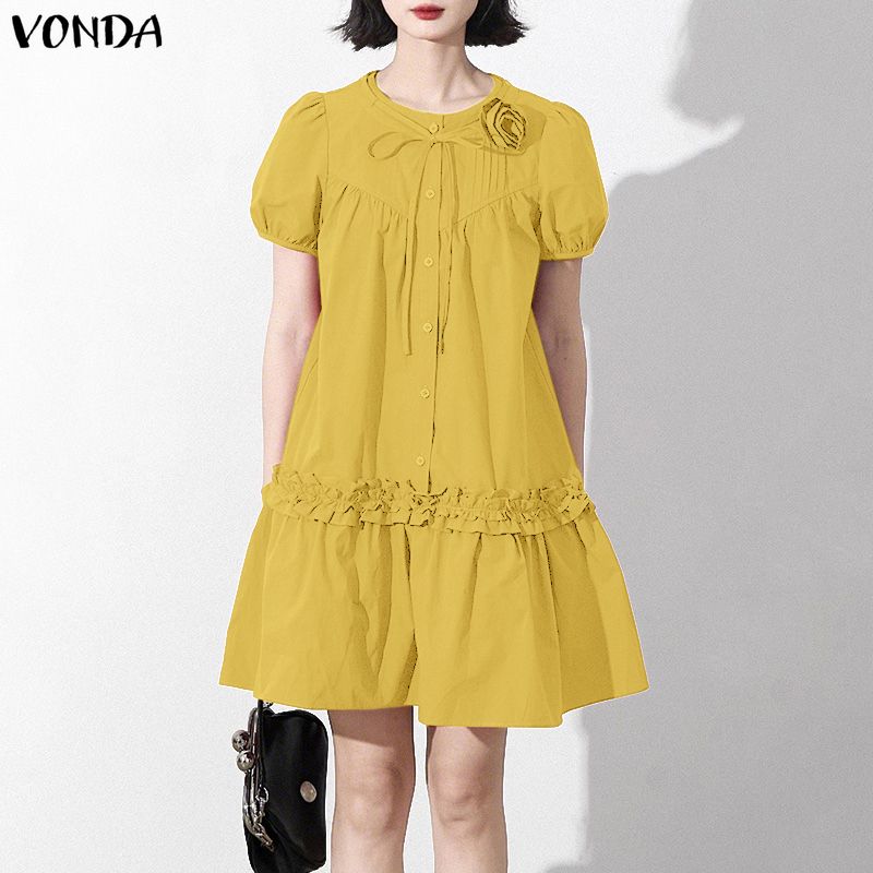 VONDA Women Summer Round Neck Casual Short Sleeve Ruffled Mini Dress