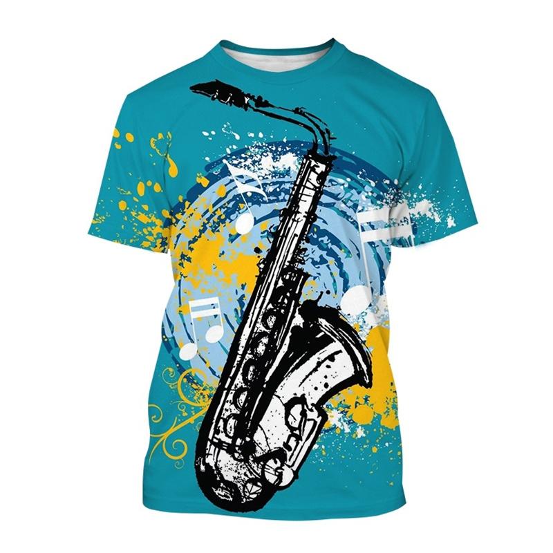 Summer Round Neck 3D Saxophone Pattern Print Top Fashionable Casual Short Sleeved Men's T-shirts