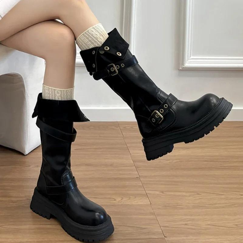 Winter Platform Women Thigh High Boots Fashion Belt Buckle Long Booties Vintage Square Low Heels Ladies Shoes