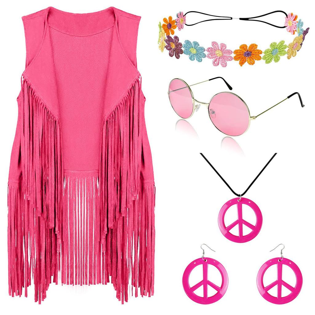 60er Jahre Hippie Kostümset: Damenweste mit Quaste und Retro-Cosplay-Outfit