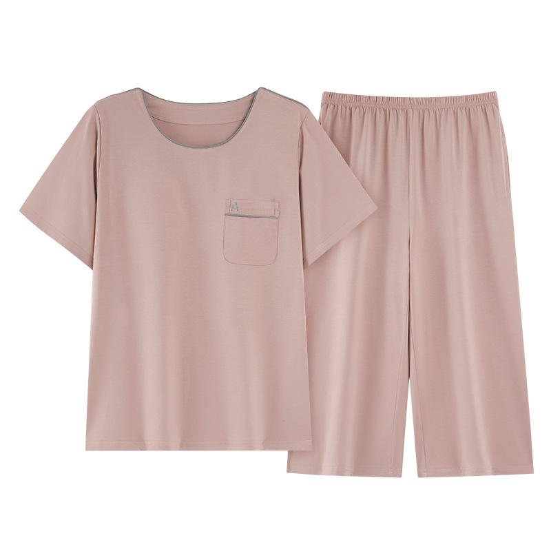 Lyocell Women's Pajamas with Chest Pads Women's Summer Short-sleeved Cropped Pants Girl Casual Can Wear Loungewear Suit
