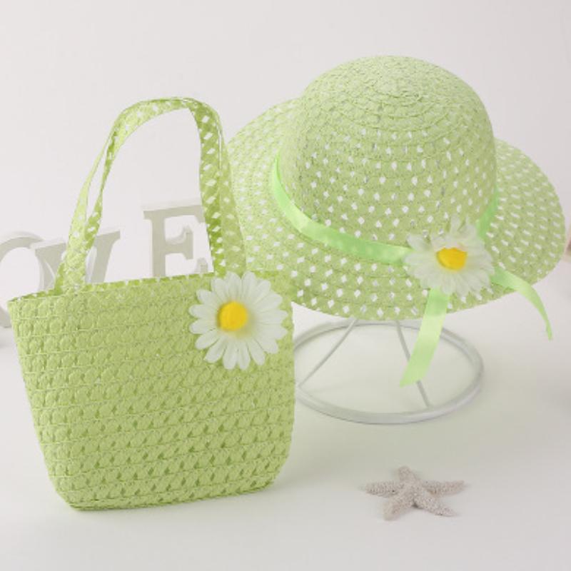 Kids Charm Princess Straw Baby Girl Sun Beach Hat Flower Cap & Handbag Lovely Summer